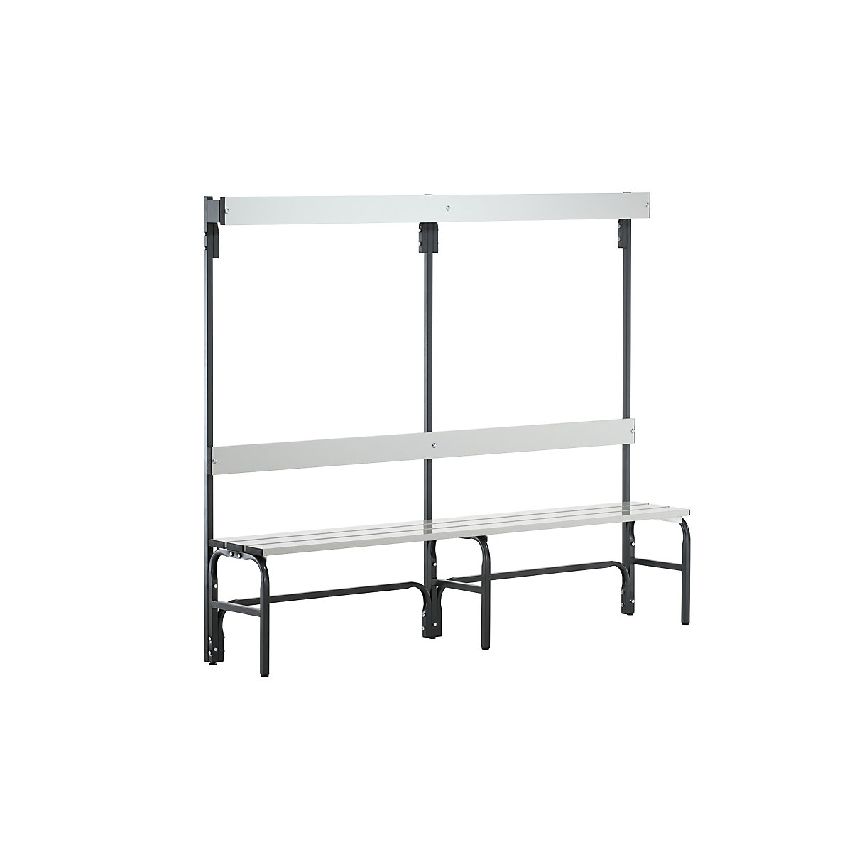 Sypro – Changing room bench with aluminium slats, HxD 1650 x 375 mm, single sided, length 1500 mm, 6 hooks, charcoal