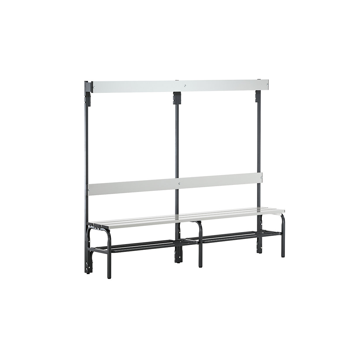 Sypro – Changing room bench with aluminium slats, HxD 1650 x 375 mm, single sided, length 1500 mm, 6 hooks, charcoal, shoe rack