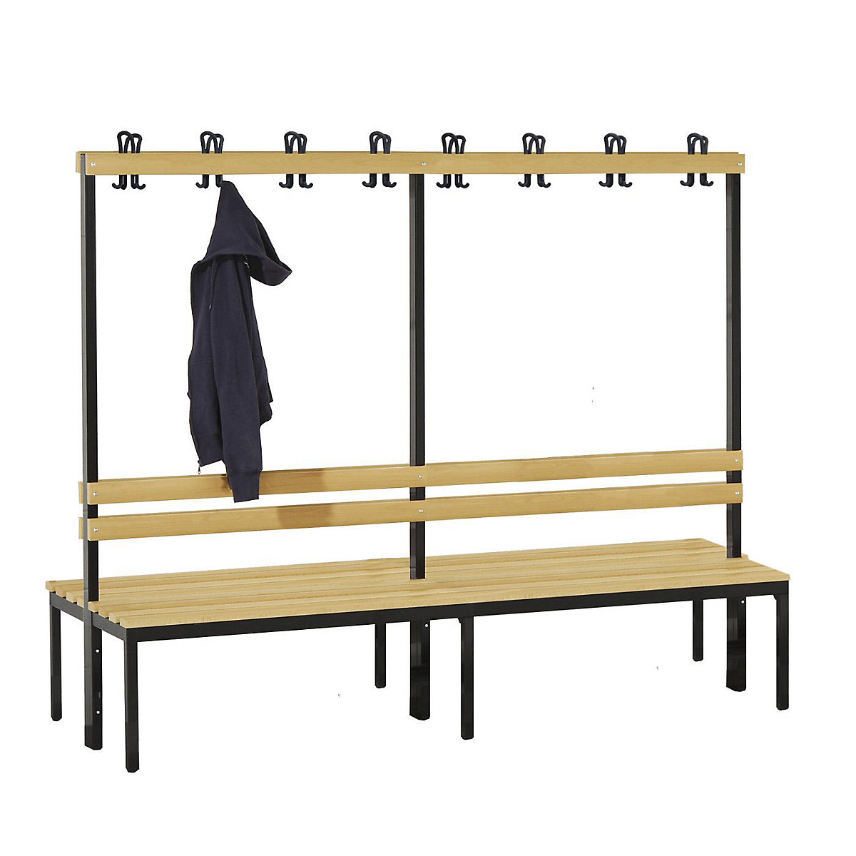 Wolf – Cloakroom bench, double sided, length 2000 mm, beechwood slats, 2 x 8 double hooks