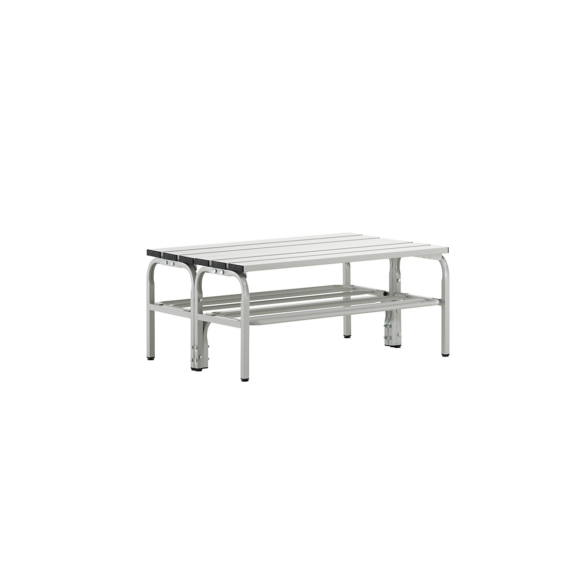 Cloakroom bench, double sided – Sypro, aluminium slats, light grey, length 1015 mm, with shoe rack-3
