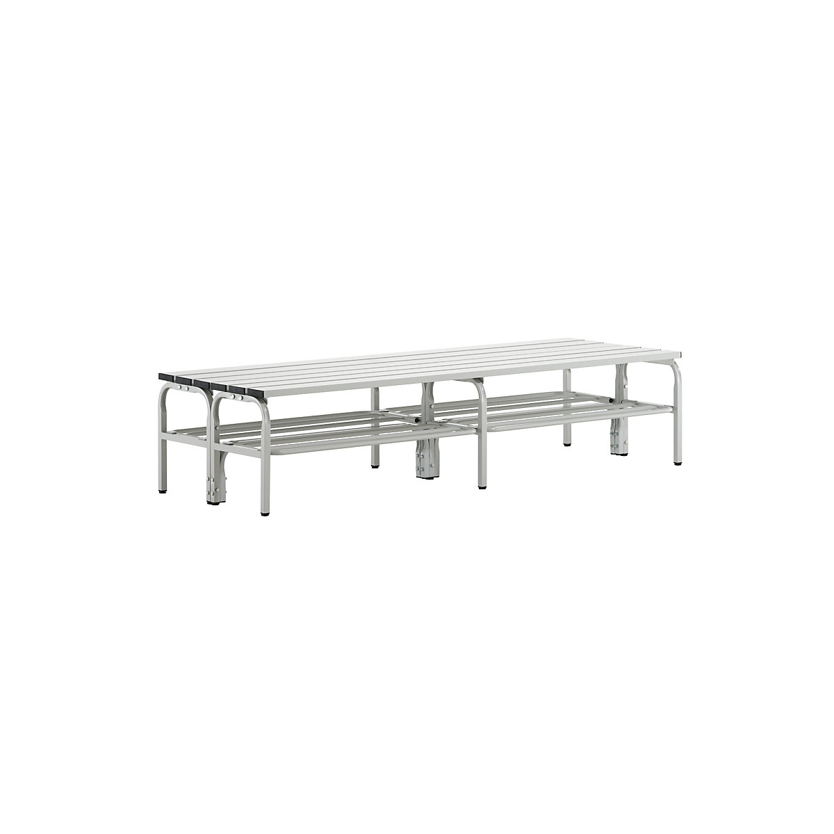 Cloakroom bench, double sided – Sypro, aluminium slats, light grey, length 1500 mm, with shoe rack-1