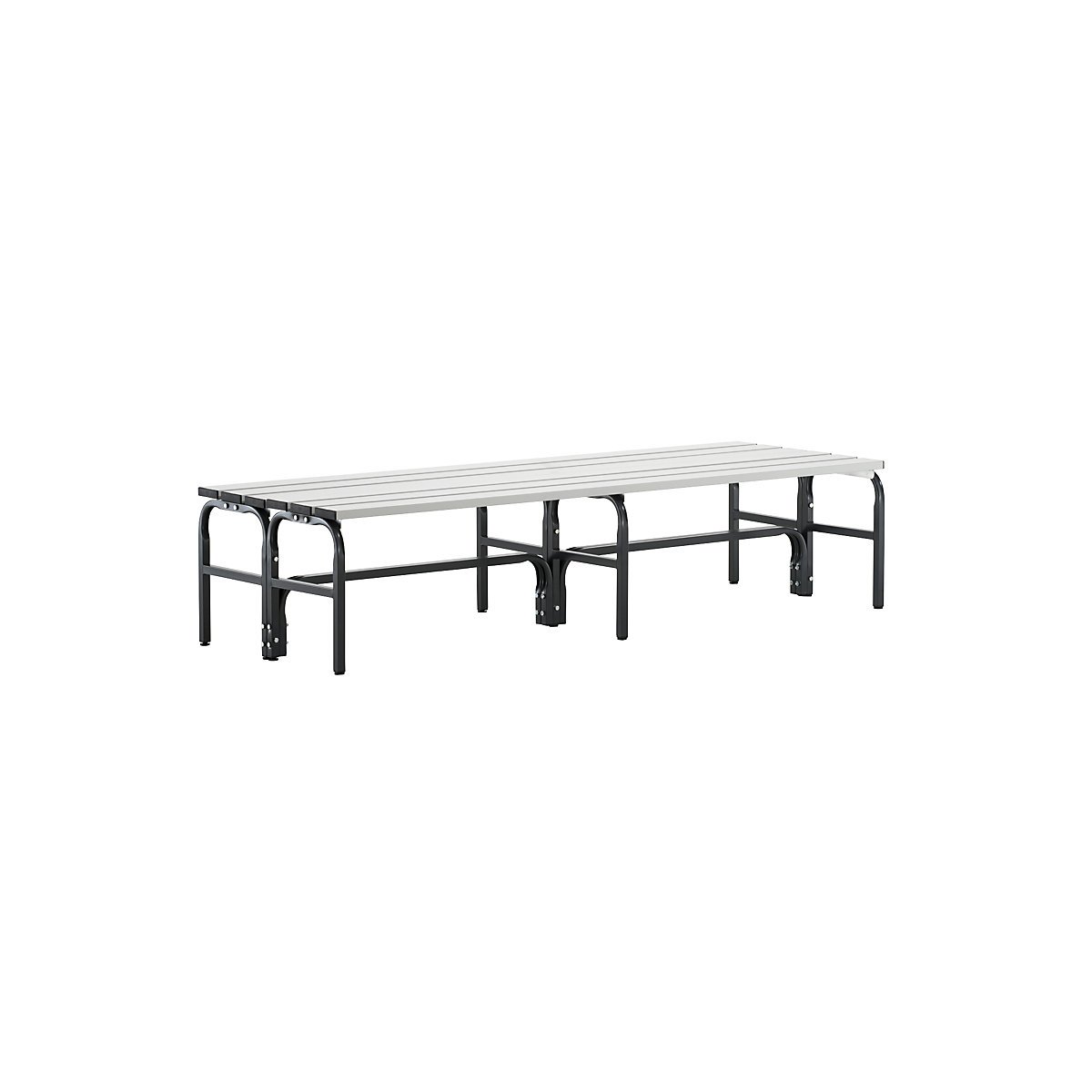 Sypro – Cloakroom bench, double sided, aluminium slats, stainless steel frame, length 1500 mm