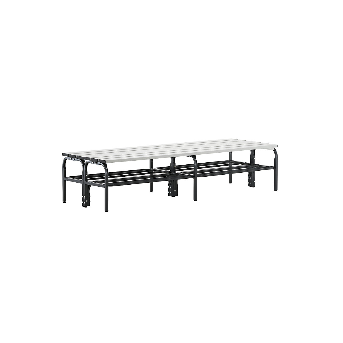 Cloakroom bench, double sided – Sypro, aluminium slats, stainless steel frame, length 1500 mm, with shoe rack-2