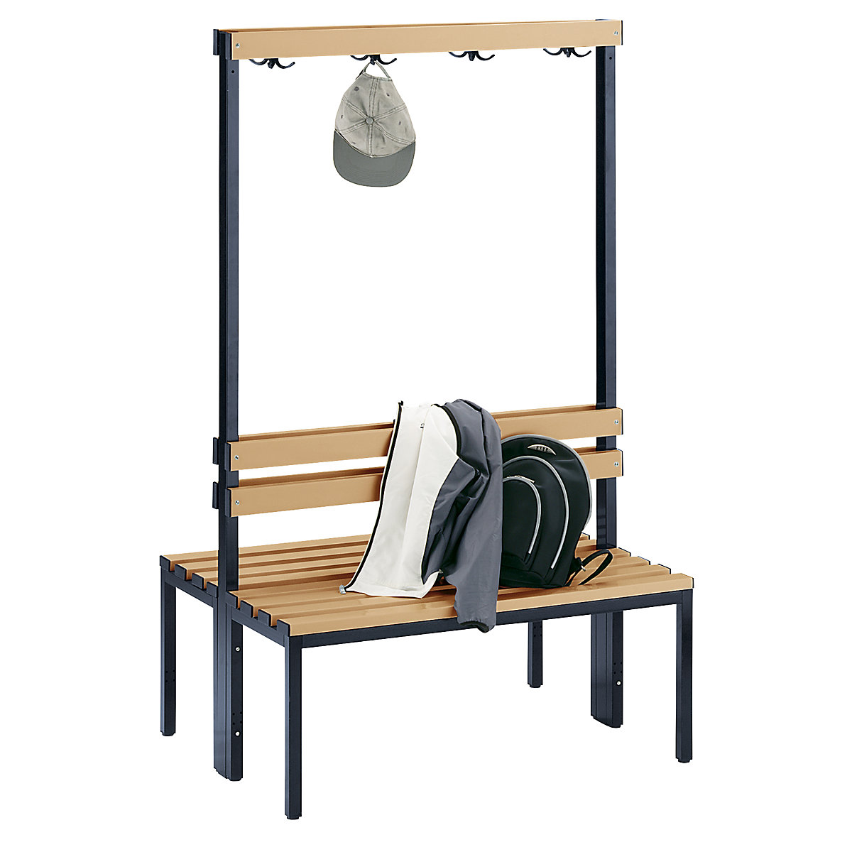 Wolf – Cloakroom bench, double sided, length 1000 mm, beechwood slats, 2 x 4 double hooks