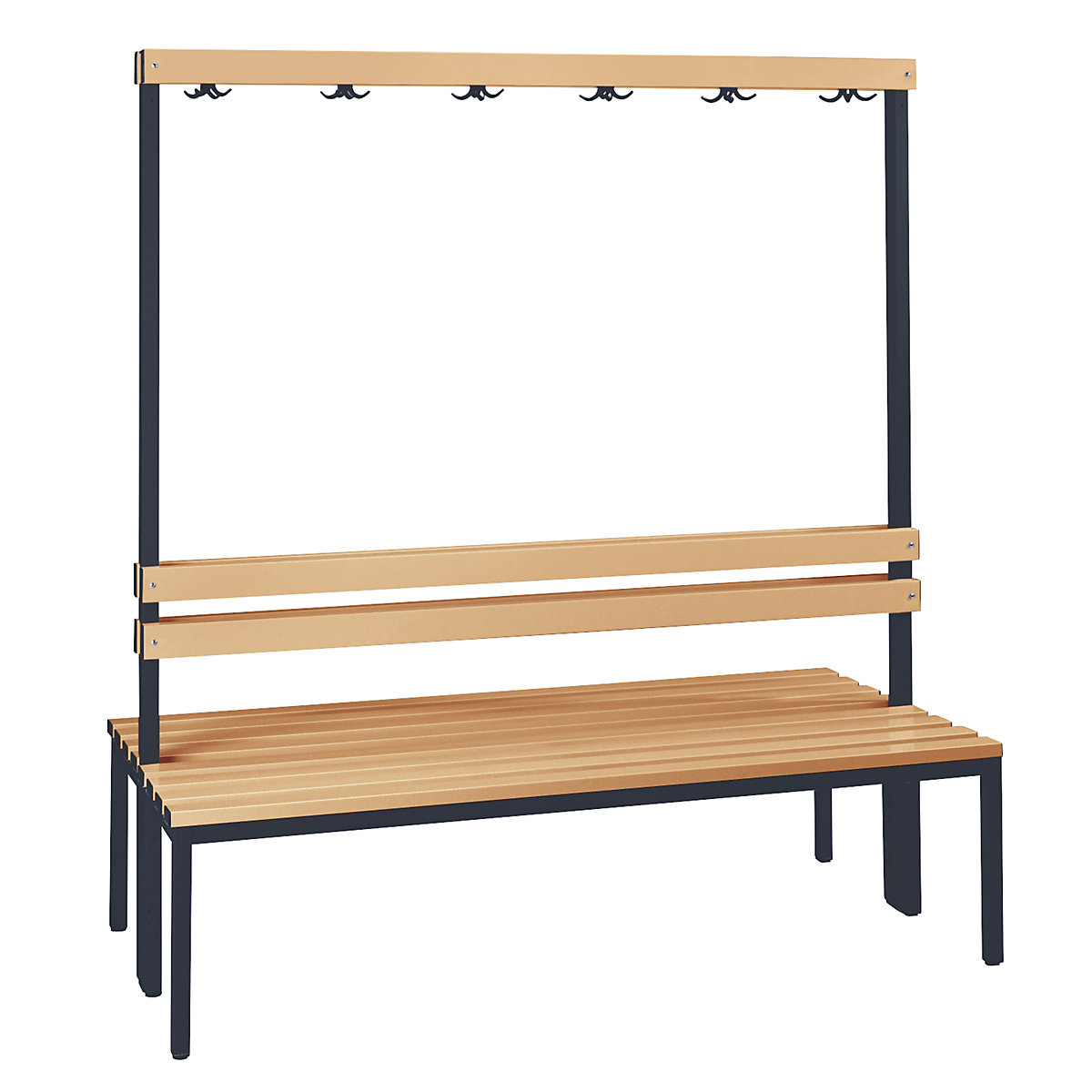 Wolf – Cloakroom bench, double sided, length 1500 mm, beechwood slats, 2 x 6 double hooks