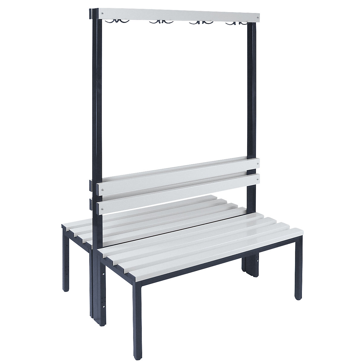 Wolf – Cloakroom bench, double sided, length 1000 mm, PVC slats, 2x 4 double-prong hooks, grey