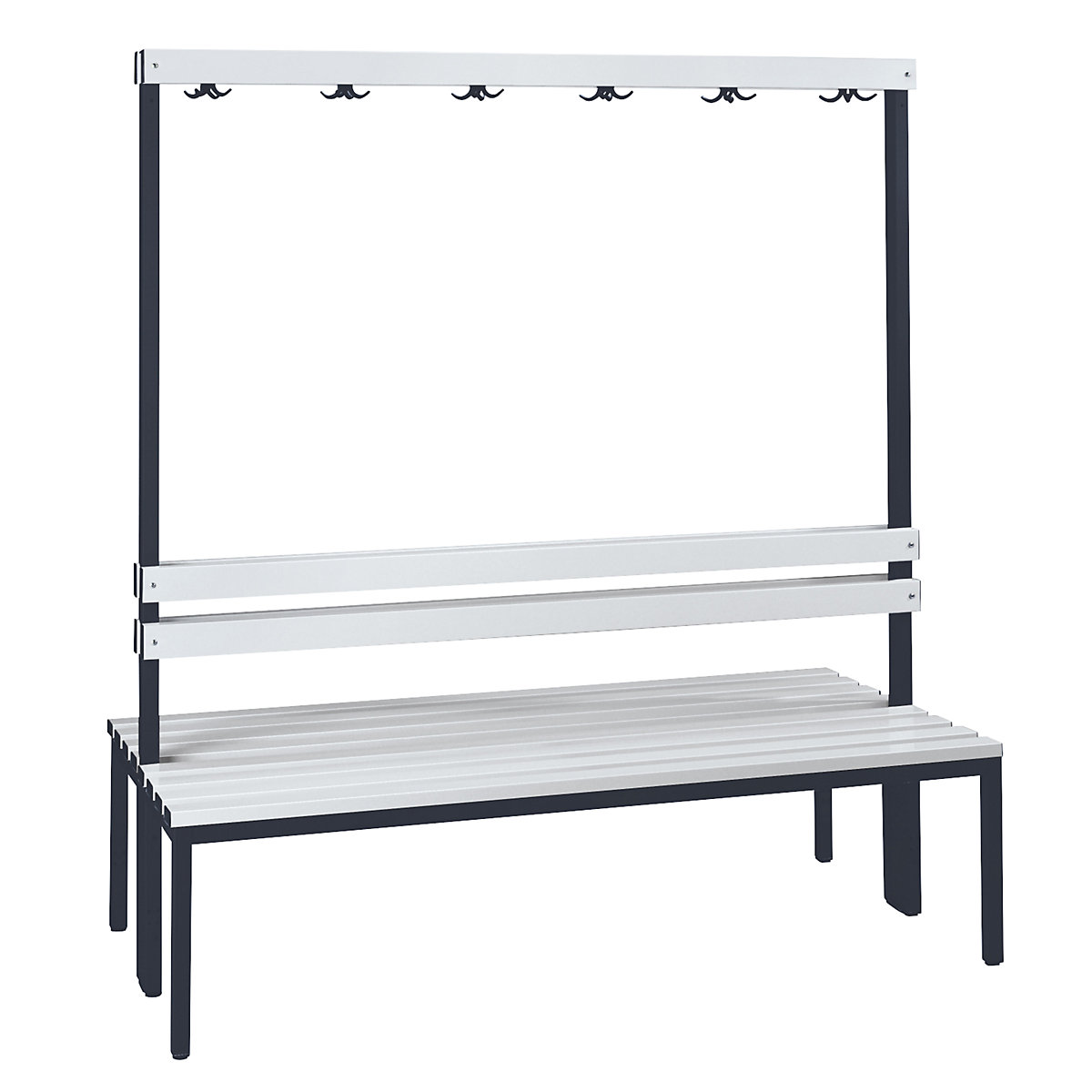 Wolf – Cloakroom bench, double sided, length 1500 mm, PVC slat, 2x 6 double-prong hooks, grey