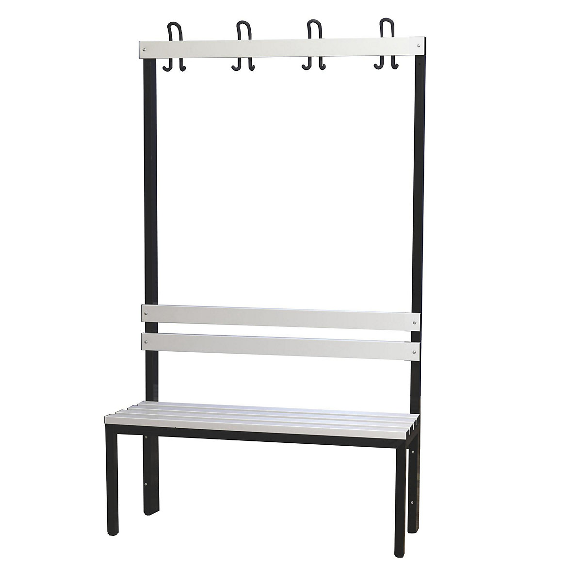 Wolf – Cloakroom bench, single sided, PVC slat, 1000 mm, 4 double-prong hooks, grey