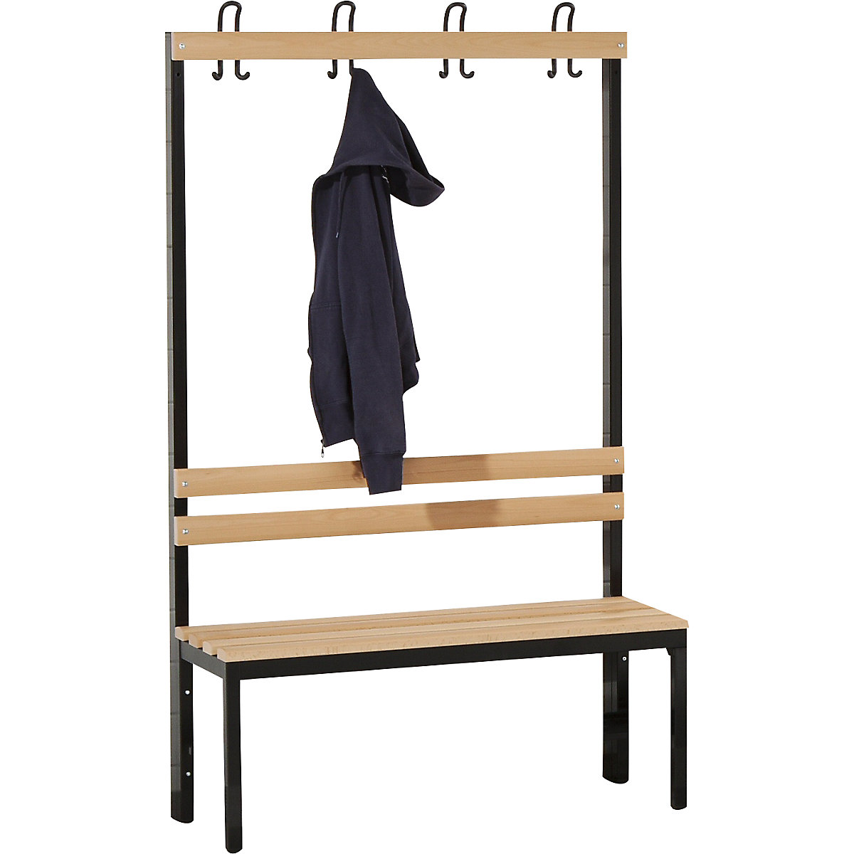 Wolf – Cloakroom bench, single sided, beechwood slat, 1000 mm, 4 double hooks