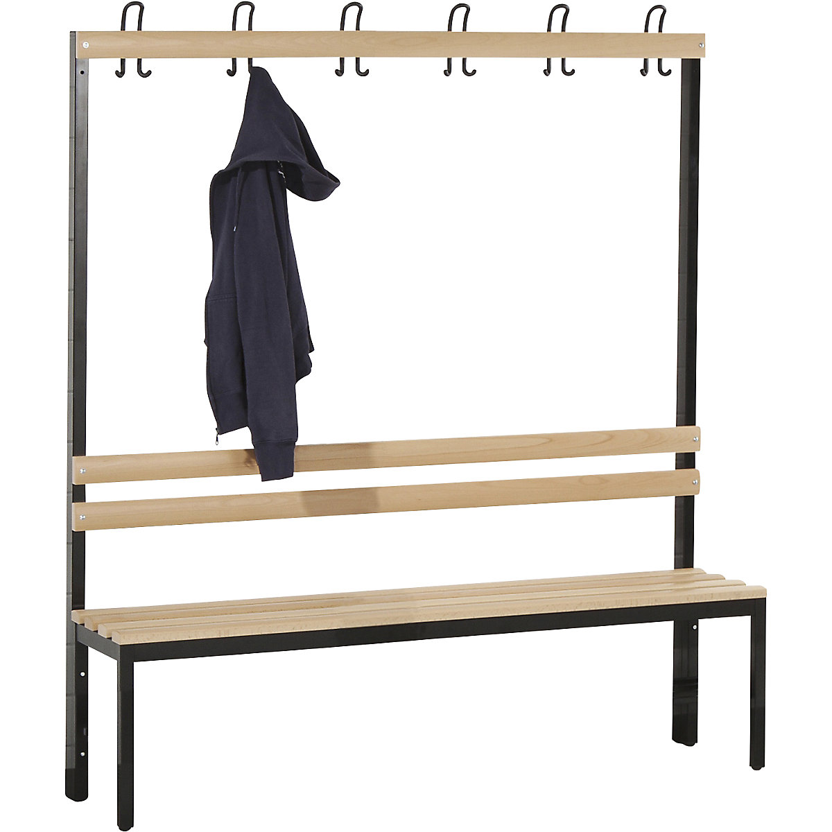 Wolf – Cloakroom bench, single sided, beechwood slat, 1500 mm, 6 double hooks