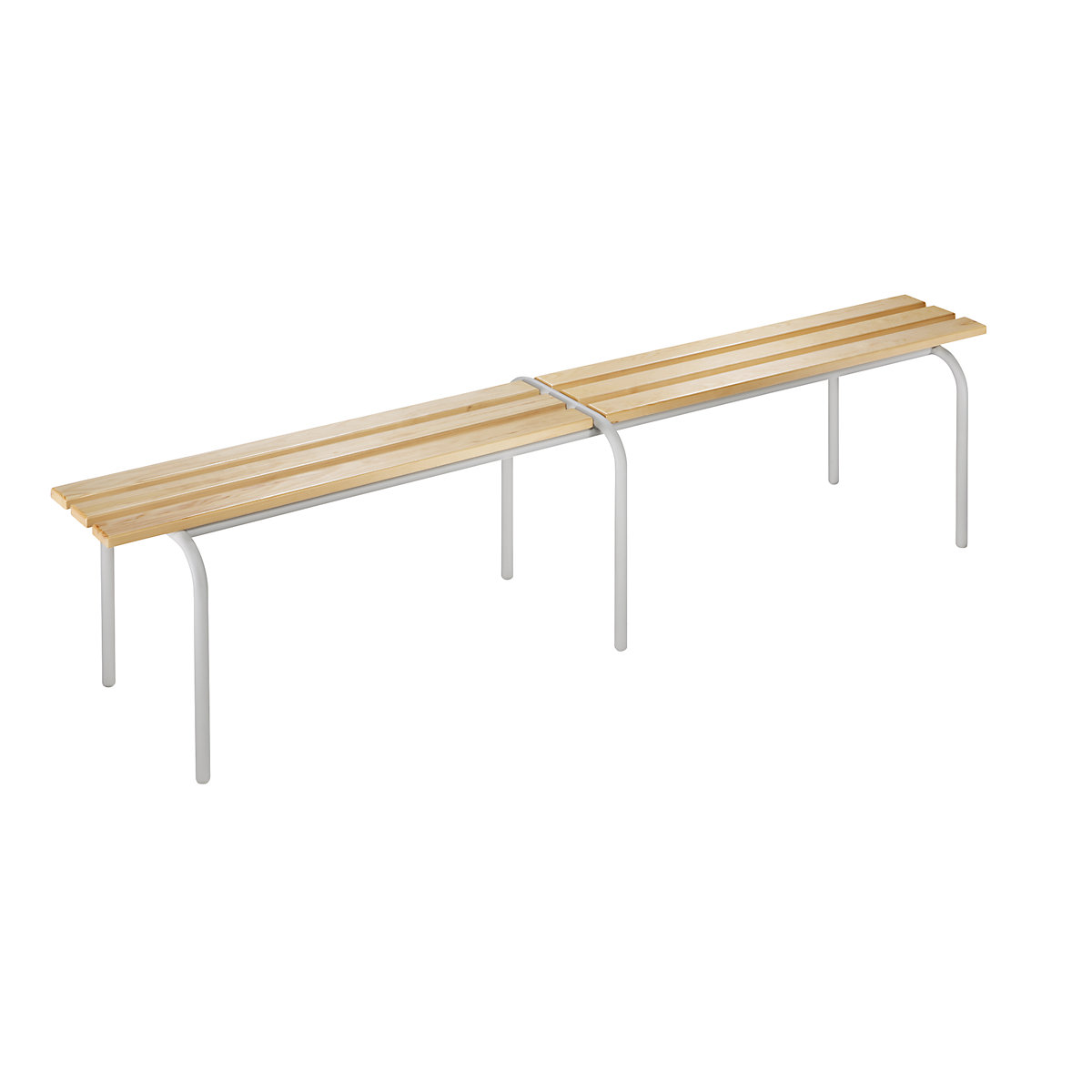 Cloakroom bench, stackable, clear varnished solid wood slats, length 2000 mm, light grey frame