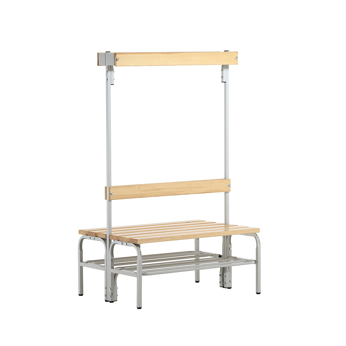Sypro – Cloakroom bench with hook strips, double-sided, 6 hooks, 1015 mm, light grey, shoe rack