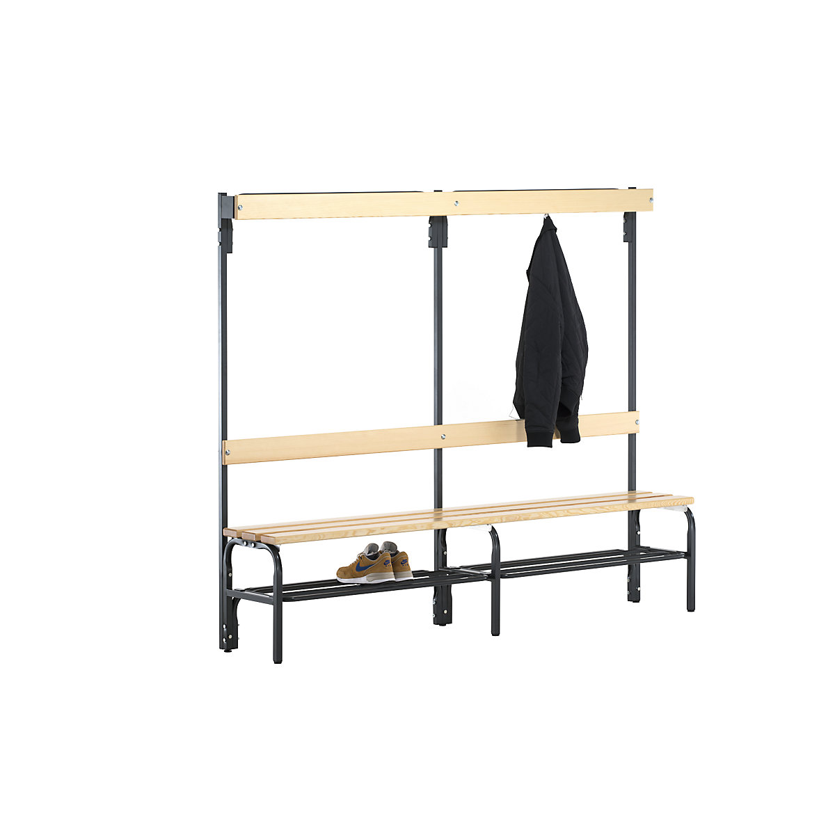 Sypro – Cloakroom bench with hook strips, on one side, 4 hooks 1500 mm, charcoal, shoe rack