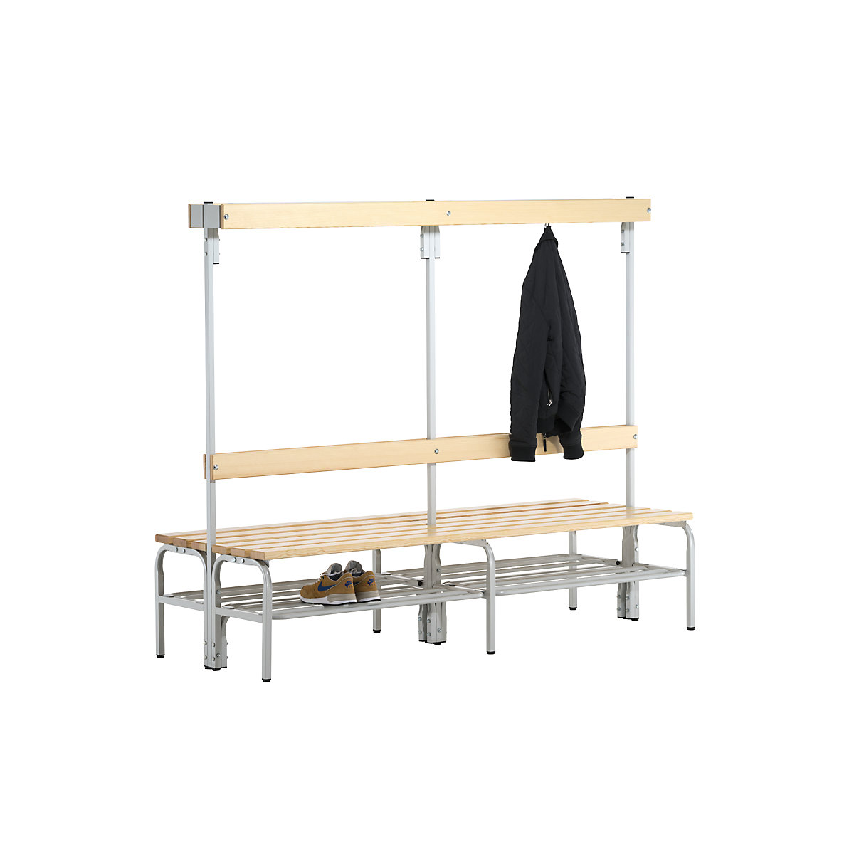 Cloakroom bench with hook strips – Sypro, on both sides, 8 hooks 1500 mm, light grey, shoe rack-5