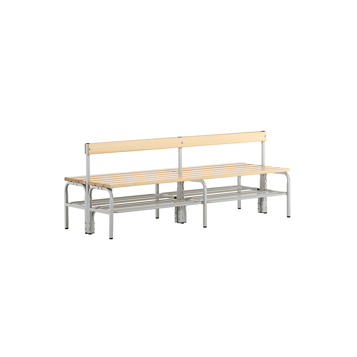 Half height cloakroom bench with back rest, double sided – Sypro, pine wood slats, length 1500 mm, light grey, shoe rack-2