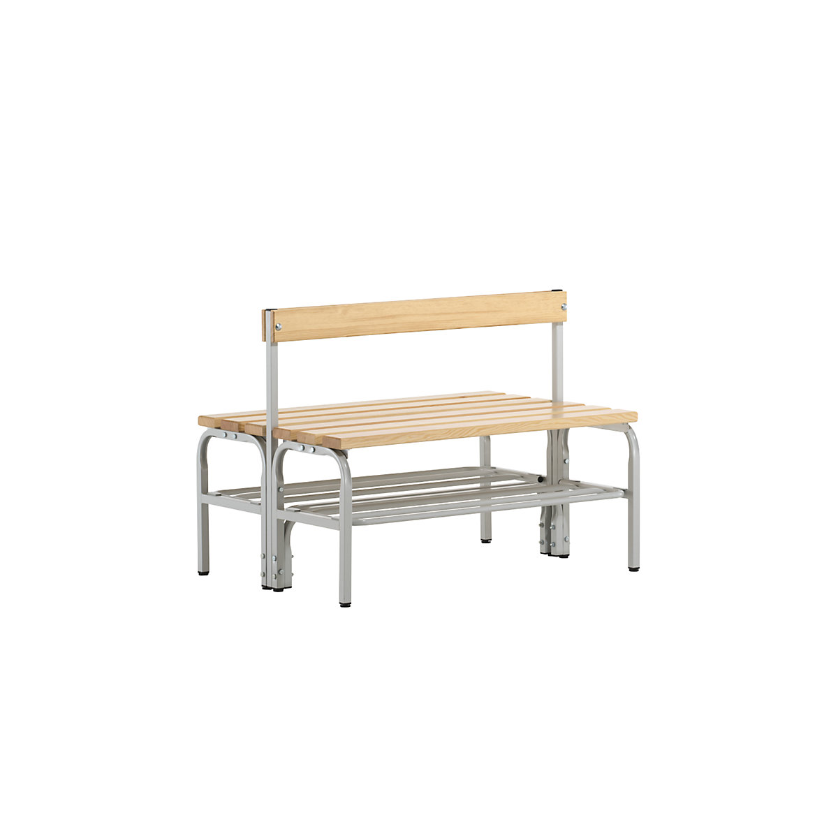 Half height cloakroom bench with back rest, double sided – Sypro, pine wood slats, length 1015 mm, light grey, shoe rack-6