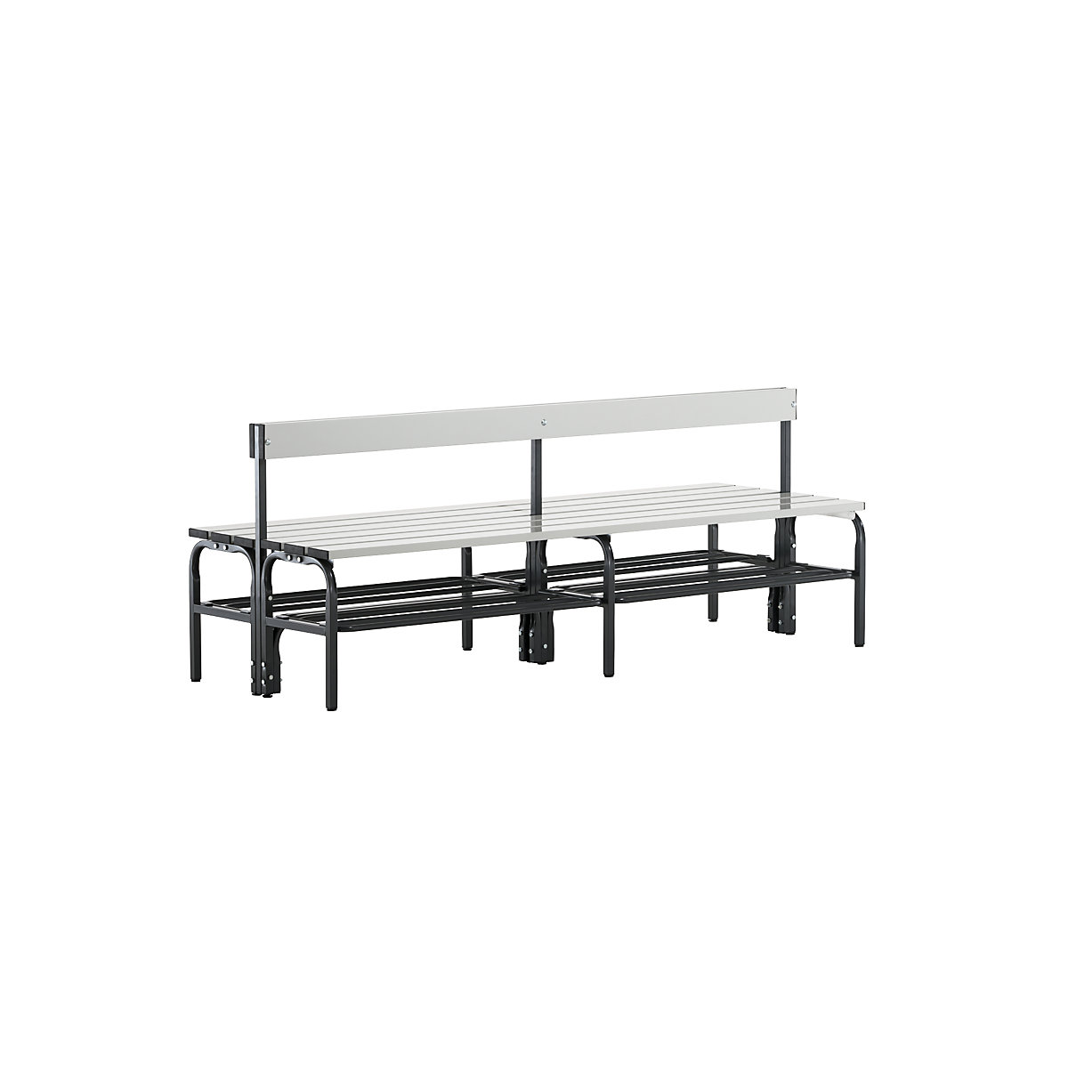 Half height cloakroom bench with back rest, double sided – Sypro, aluminium, length 1500 mm, charcoal, shoe rack