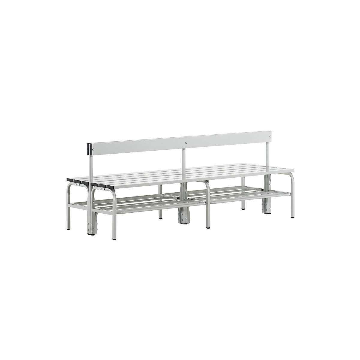 Half height cloakroom bench with back rest, double sided – Sypro, aluminium, length 1500 mm, light grey, shoe rack