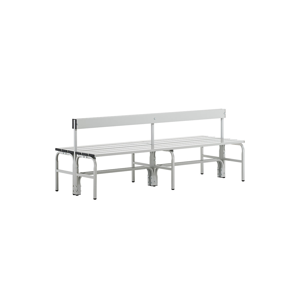 Sypro – Half height cloakroom bench with back rest, double sided, aluminium, length 2000 mm, light grey