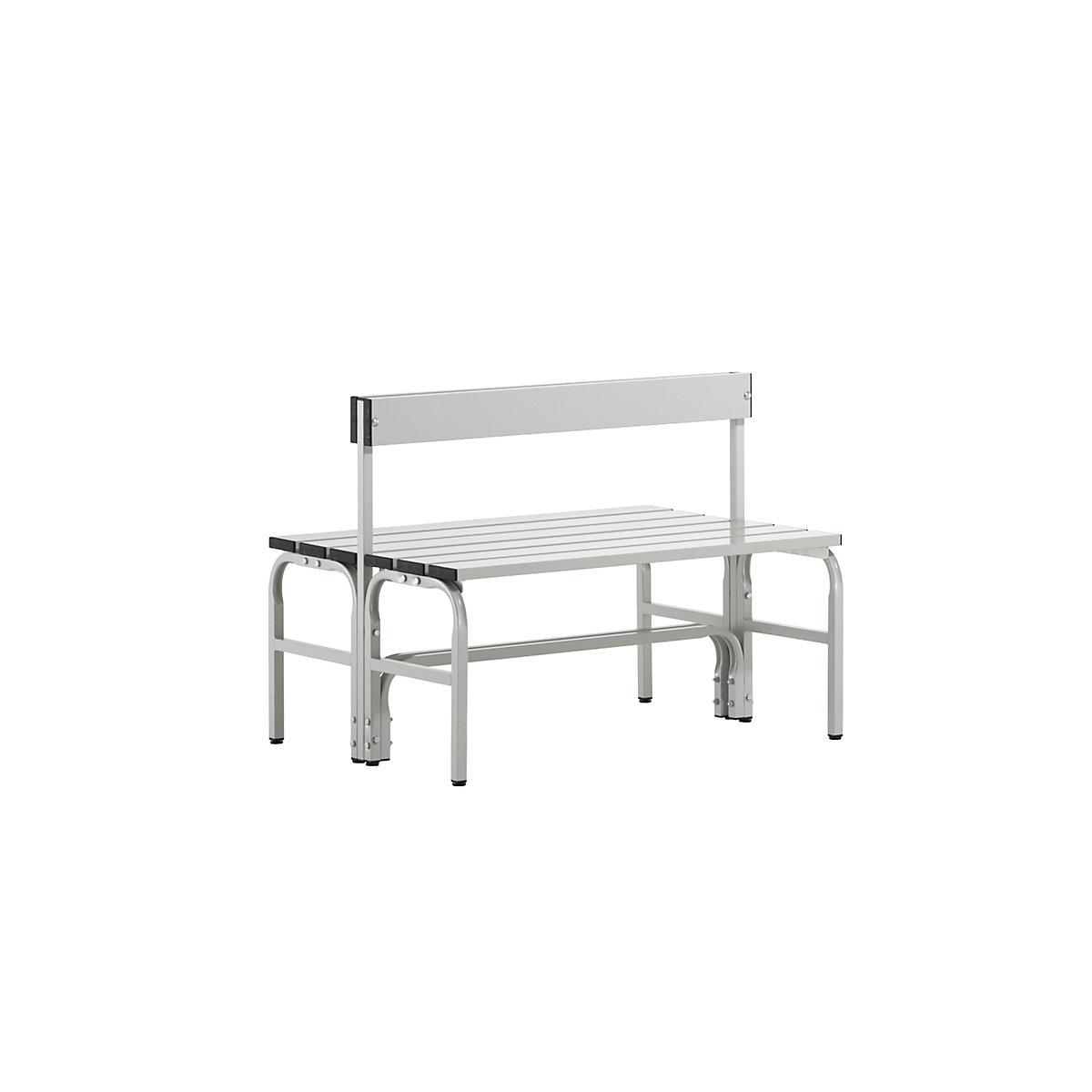 Half height cloakroom bench with back rest, double sided – Sypro, aluminium, length 1015 mm, light grey