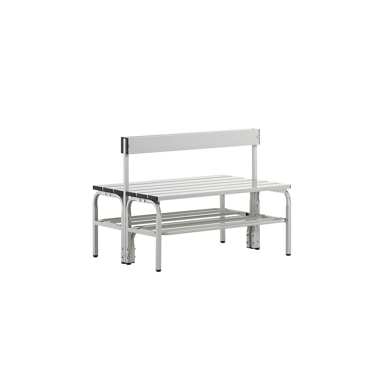 Half height cloakroom bench with back rest, double sided – Sypro, aluminium, length 1015 mm, light grey, shoe rack