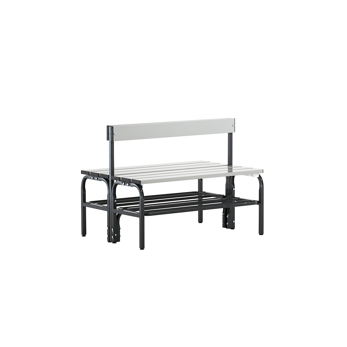 Half height cloakroom bench with back rest, double sided – Sypro, aluminium, length 1015 mm, charcoal, shoe rack