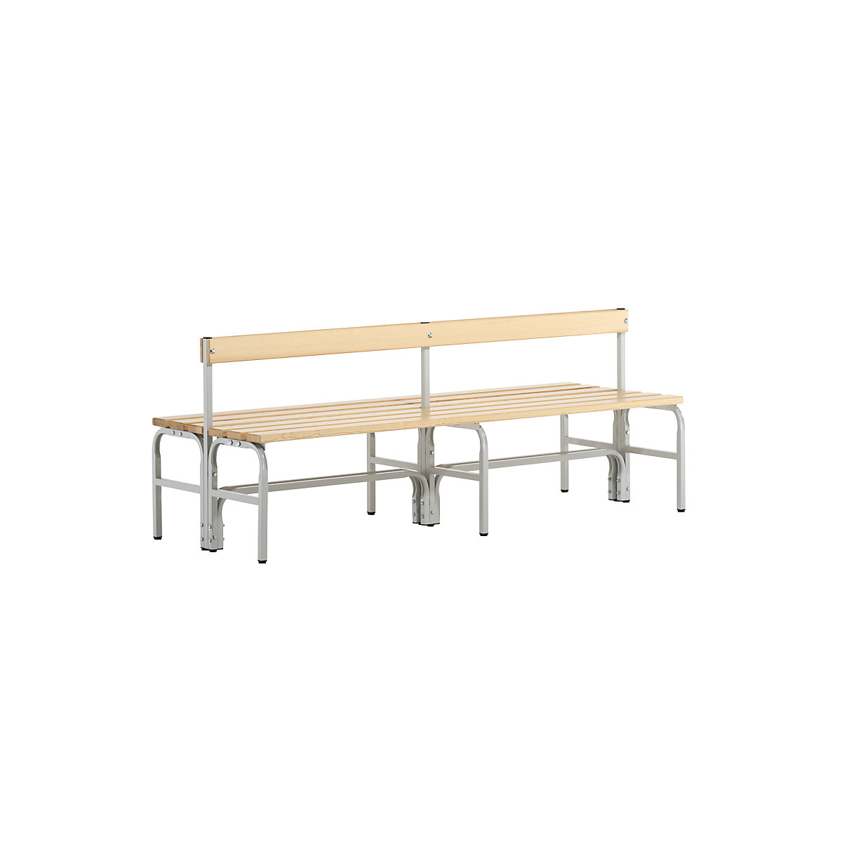 Half height cloakroom bench with back rest, double sided – Sypro, pine wood slats, length 1500 mm, light grey-5
