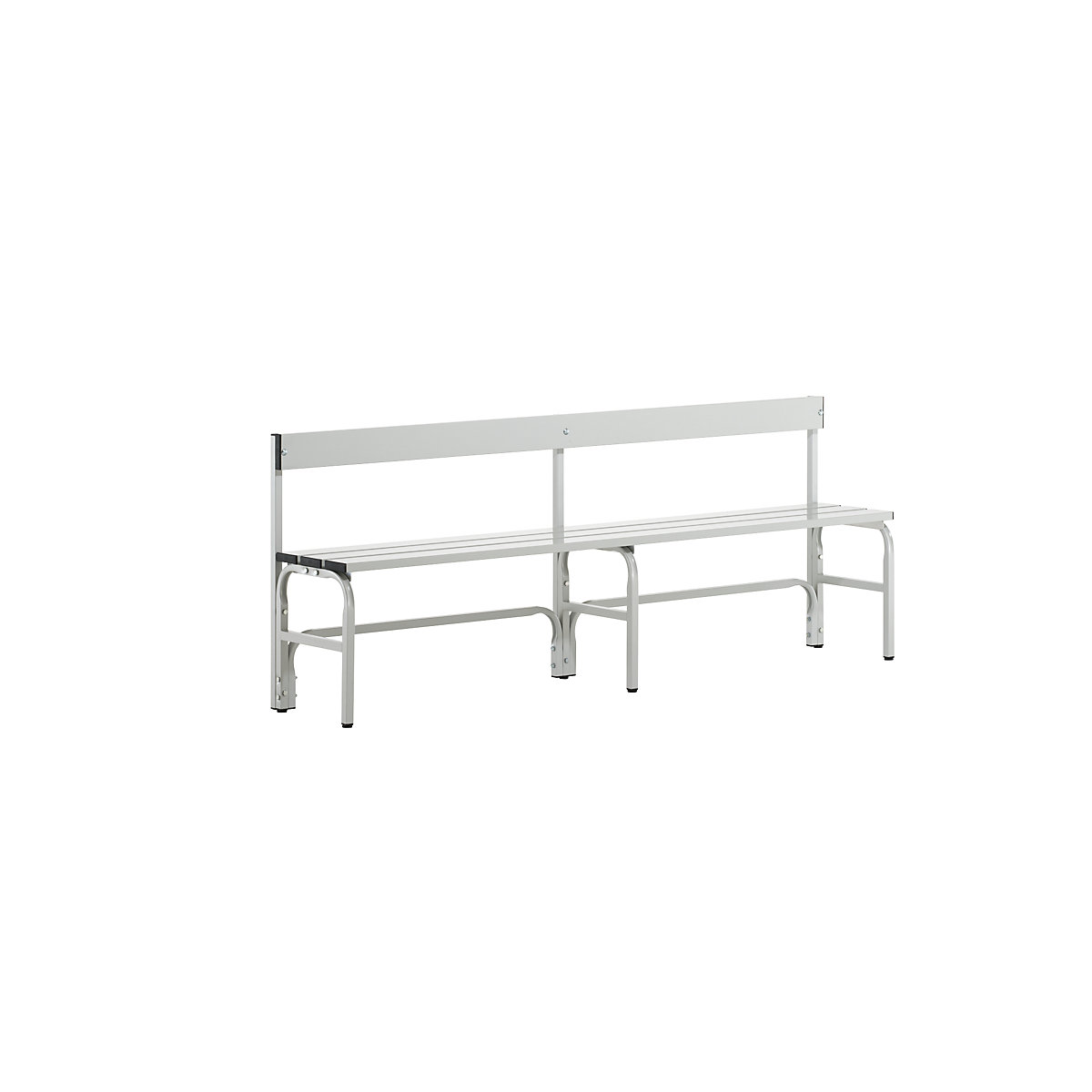 Sypro – Half height cloakroom bench with back rest, single-sided, aluminium, length 2000 mm, light grey