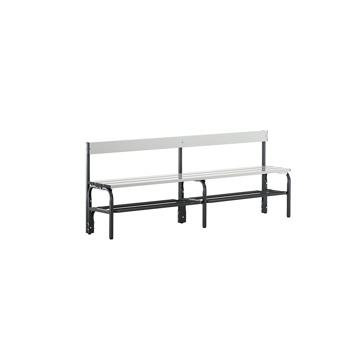 Sypro – Half height cloakroom bench with back rest, single-sided, aluminium, length 2000 mm, charcoal, shoe rack