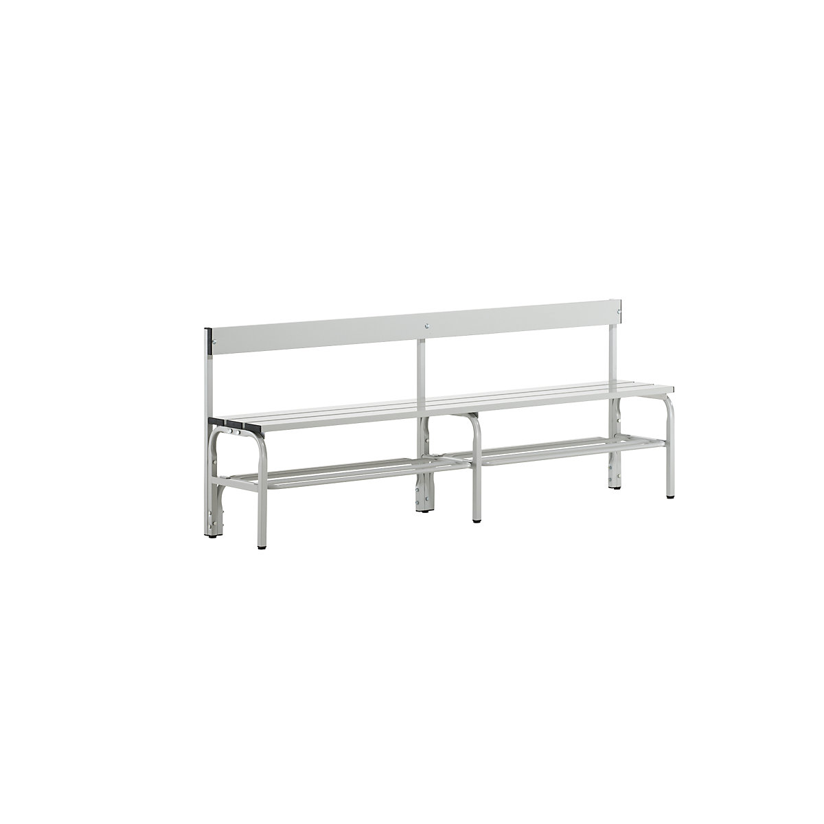 Sypro – Half height cloakroom bench with back rest, single-sided, aluminium, length 2000 mm, light grey, shoe rack