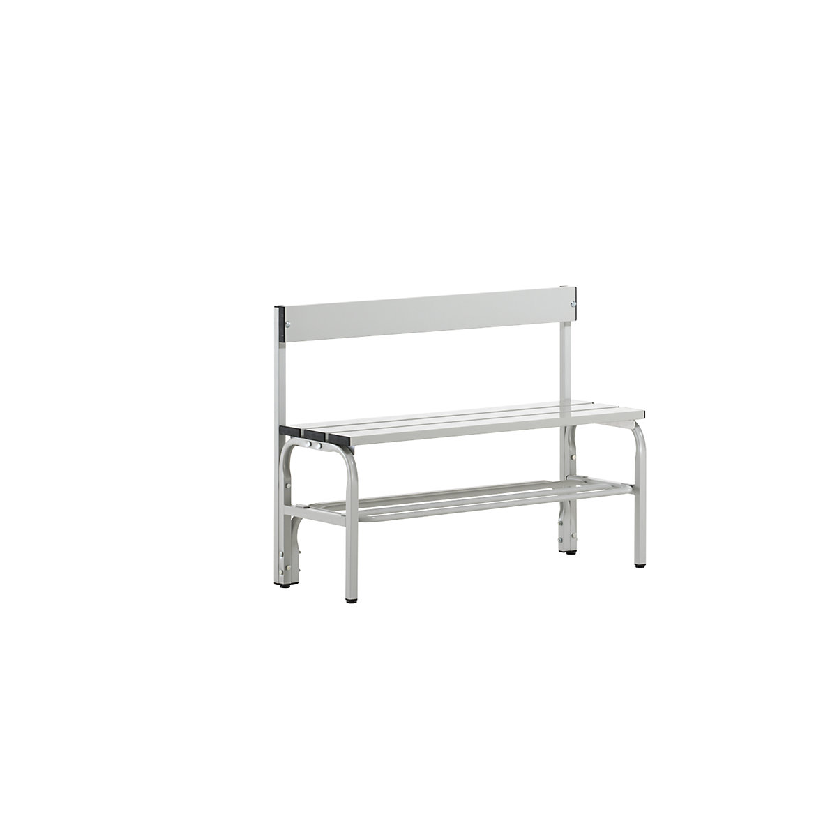 Sypro – Half height cloakroom bench with back rest, single-sided, aluminium, length 1015 mm, light grey, shoe rack