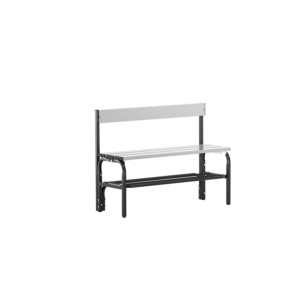 Sypro – Half height cloakroom bench with back rest, single-sided, aluminium, length 1015 mm, charcoal, shoe rack