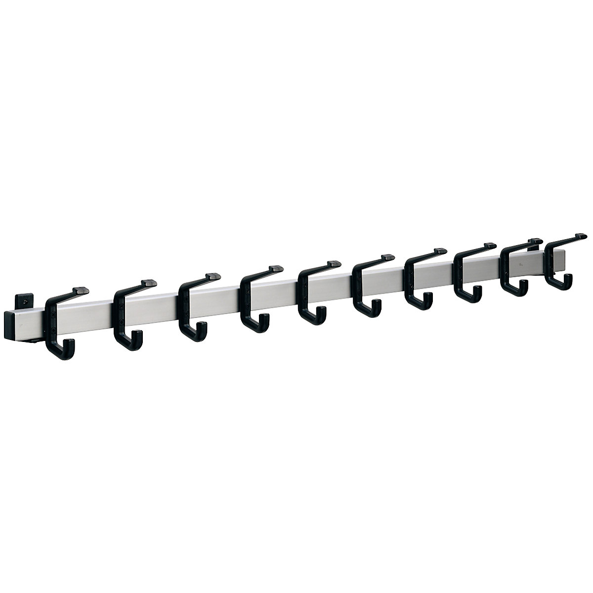 Coat rail, aluminium, hook clearance 100 mm, aluminium/black, 1000 mm, 10 hooks-6