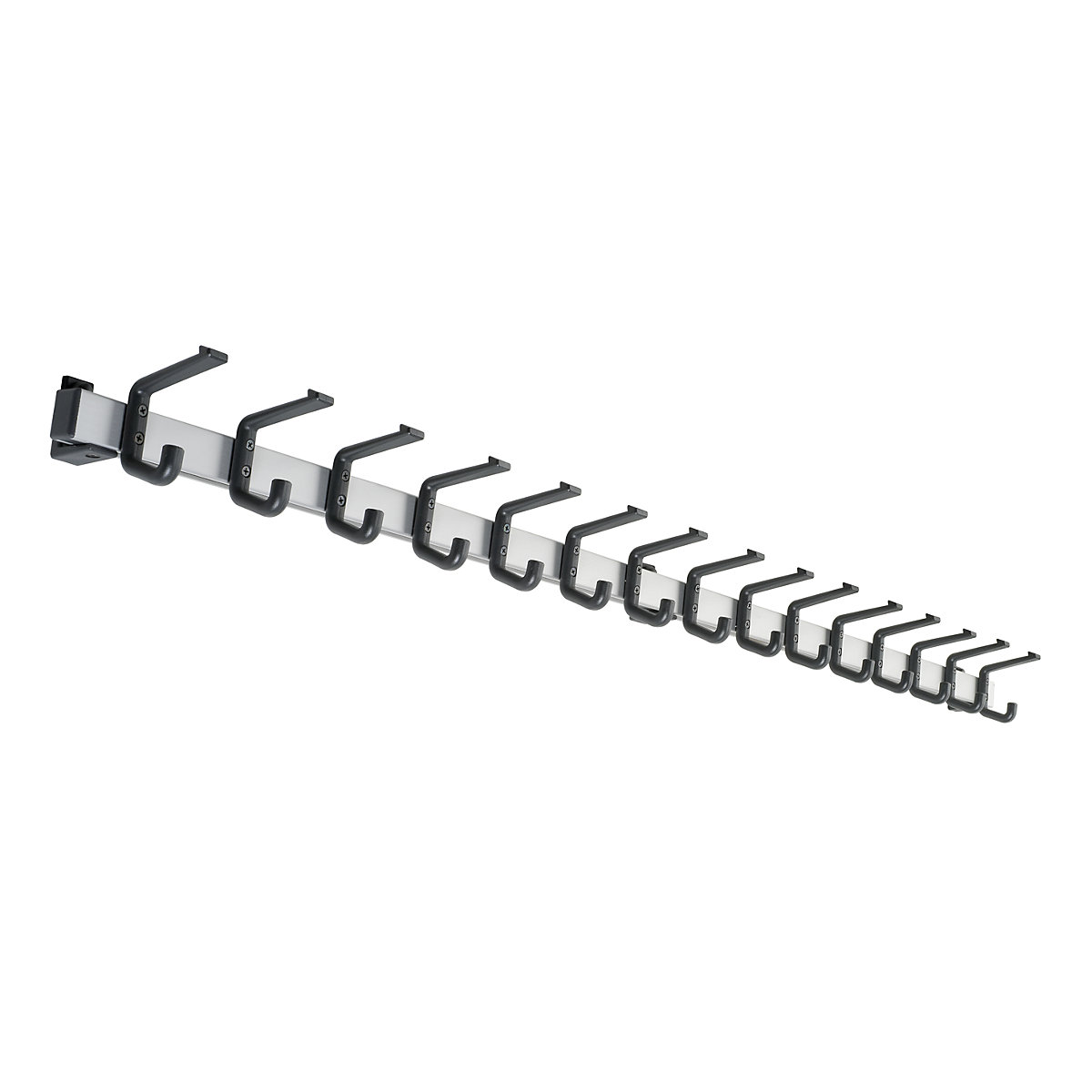 Coat rail, aluminium, hook clearance 100 mm, aluminium/black, 1500 mm long, 15 hooks-7