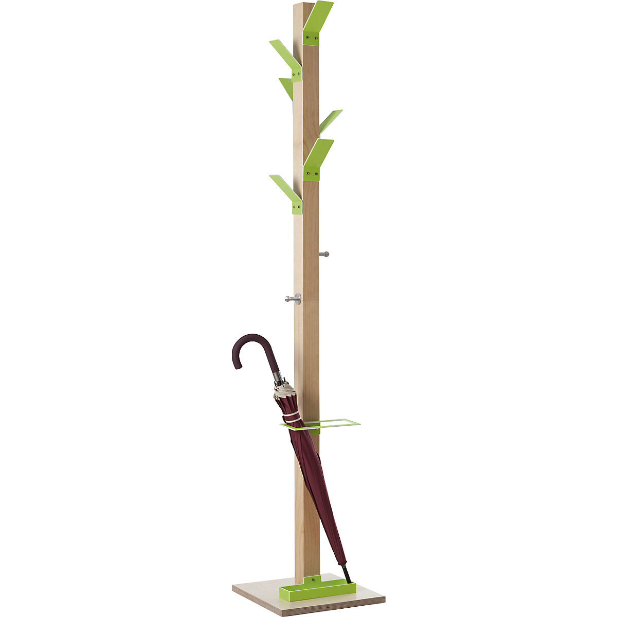 Coat stand, solid wood, with umbrella stand and drip tray, green head