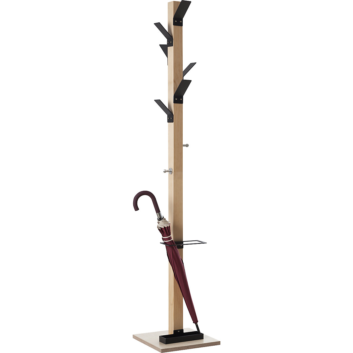 Coat stand, solid wood, with umbrella stand and drip tray, black head