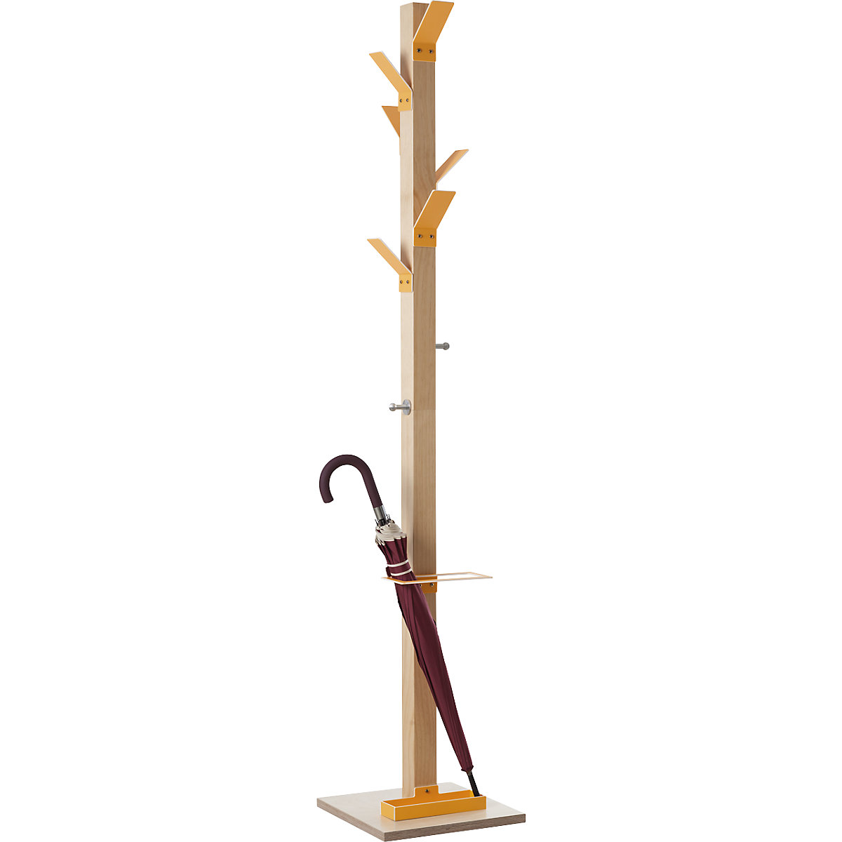 Coat stand, solid wood, with umbrella stand and drip tray, orange head