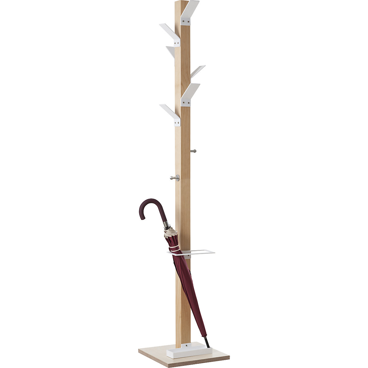 Coat stand, solid wood, with umbrella stand and drip tray, white head