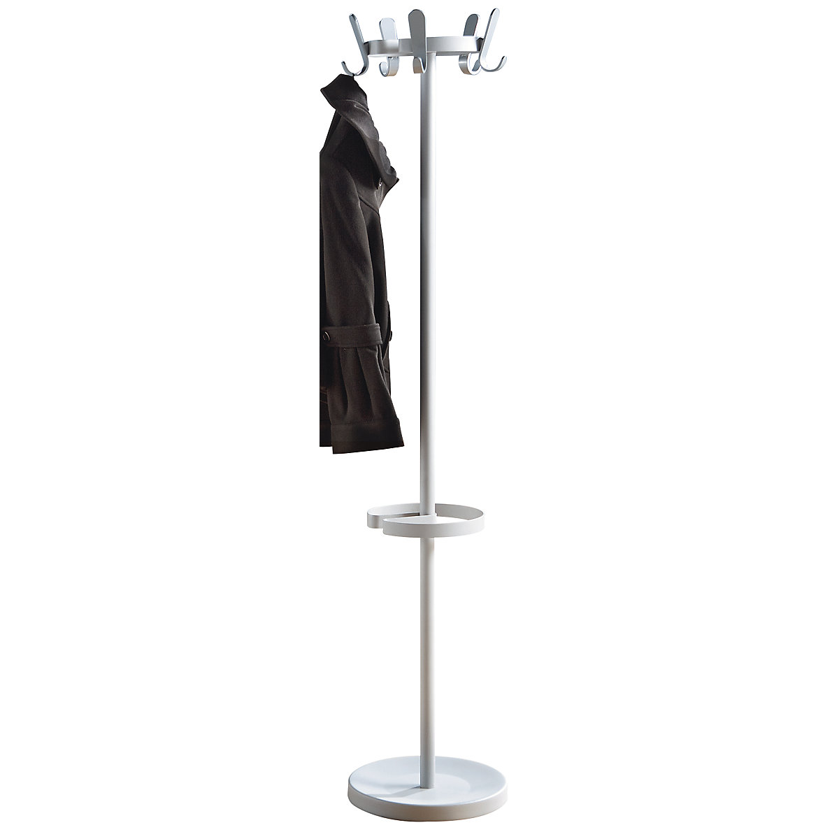 Coat stand with 5 hooks – eurokraft pro, height 1680 mm, Ø 350 mm, hook colour silver-3