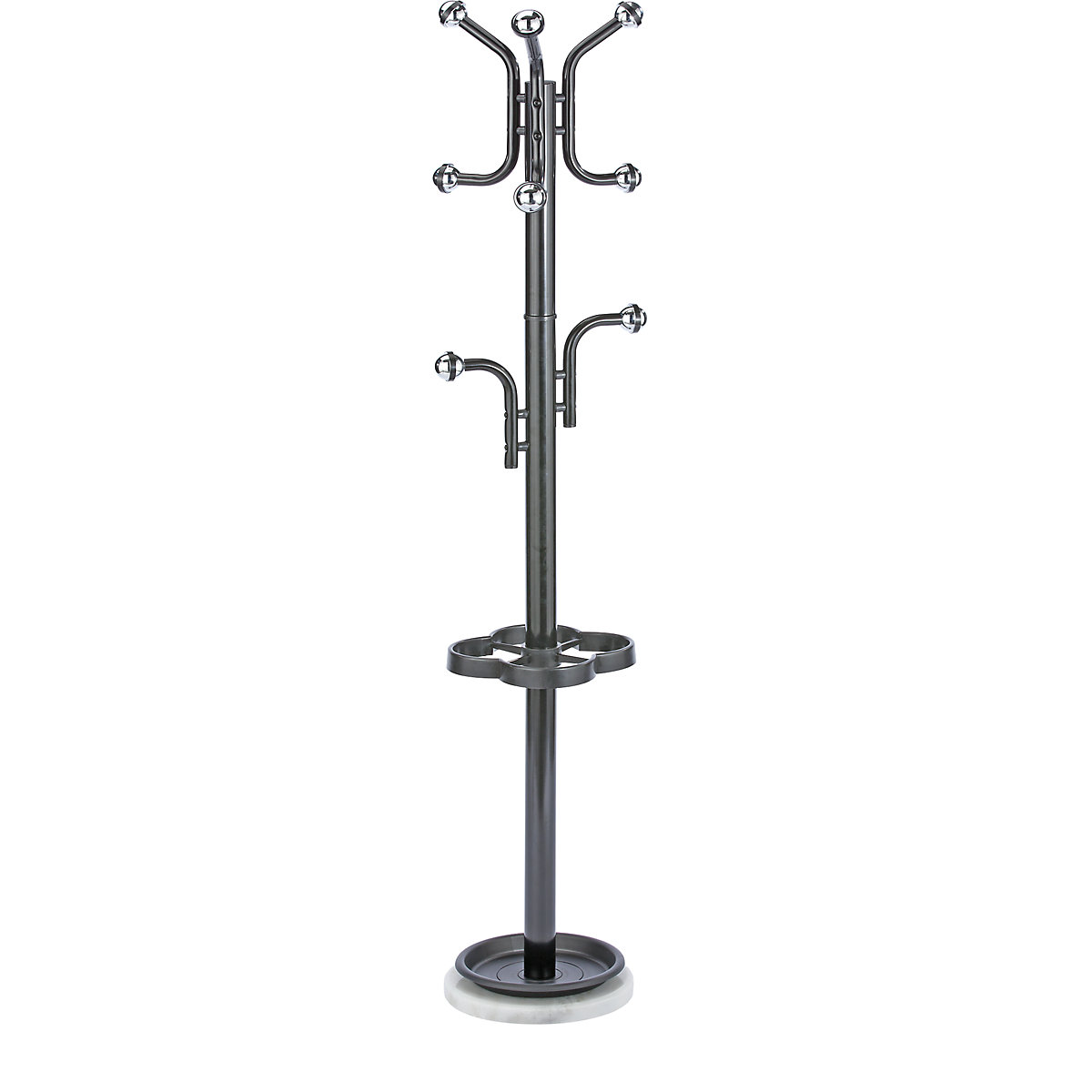 Coat stand with chrome coloured hook balls