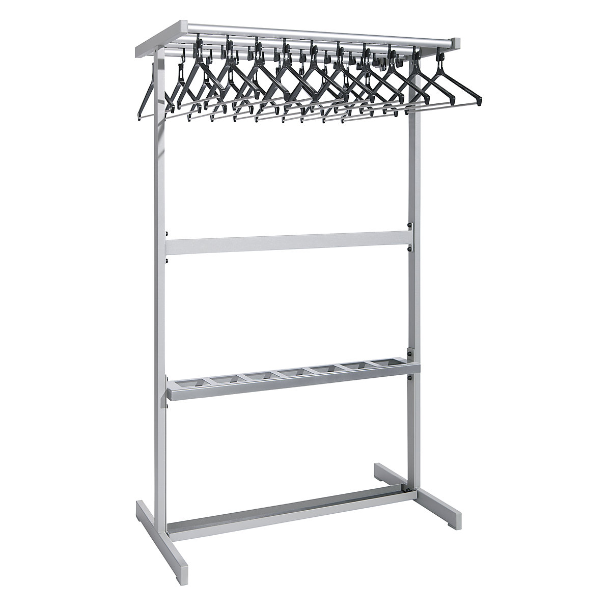 Double sided coat rail – eurokraft pro, with coat hangers, silver, with umbrella holder-6