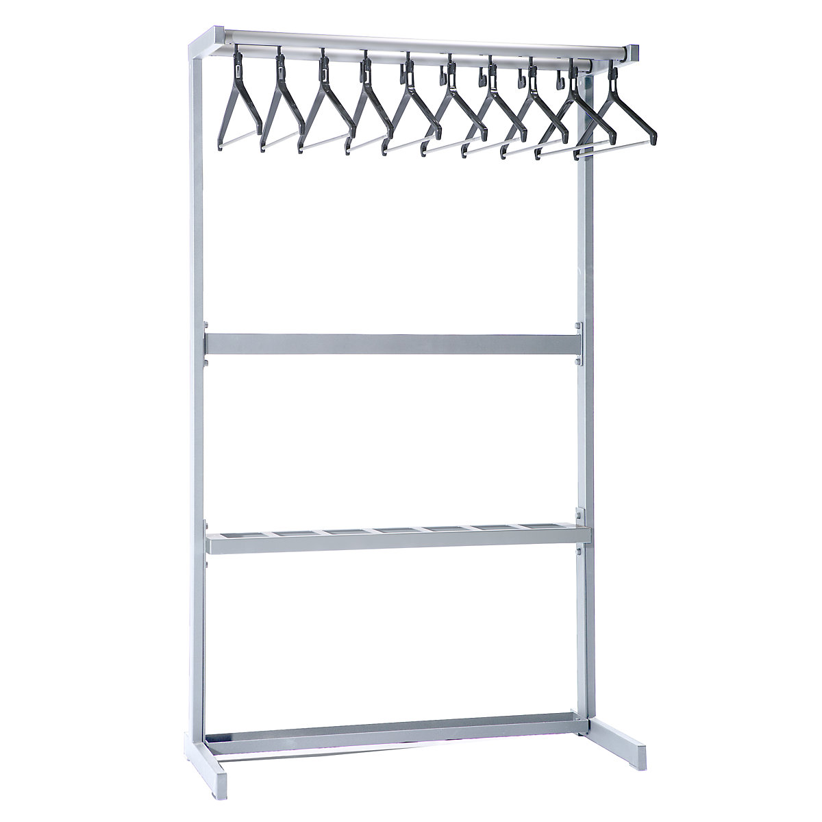Single sided coat rail – eurokraft pro, with coat hangers, silver, with umbrella holder-7