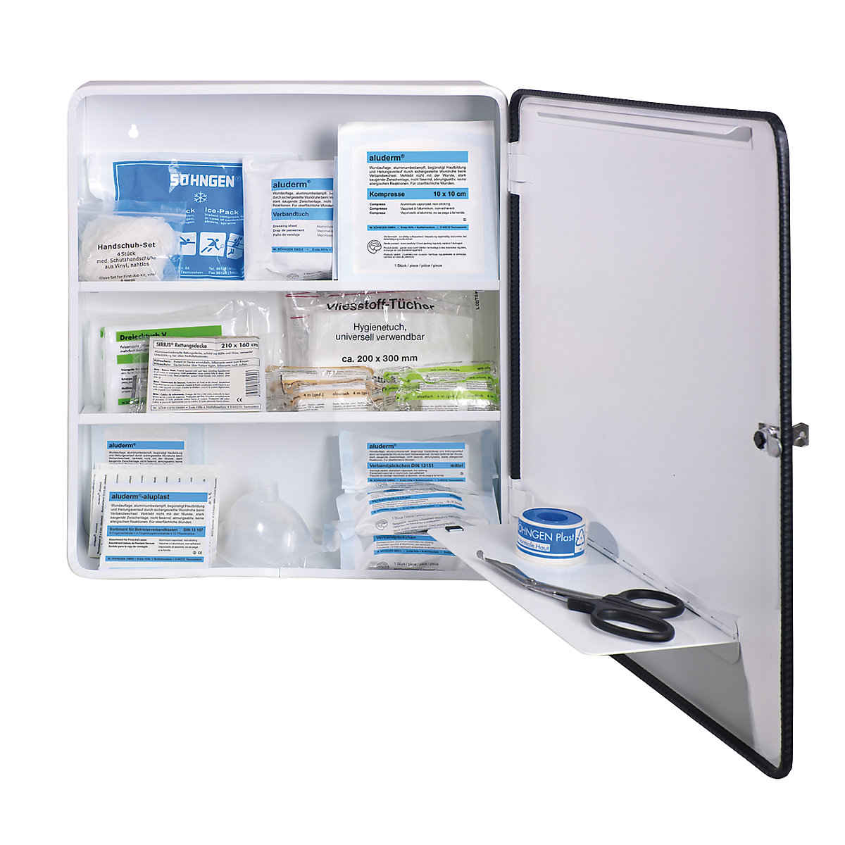 SÖHNGEN – First aid cupboard, DIN 13157, with contents, white, depth 112 mm, HxW 462 x 402 mm