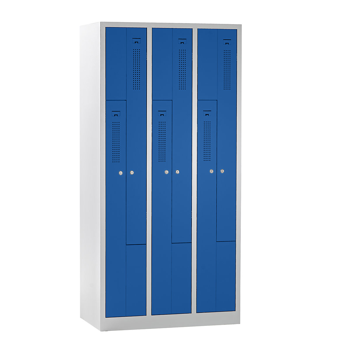 AMSTERDAM Z cloakroom locker – eurokraft basic, width 1185 mm, 3 compartments, 6 doors, door colour gentian blue, body in light grey-4