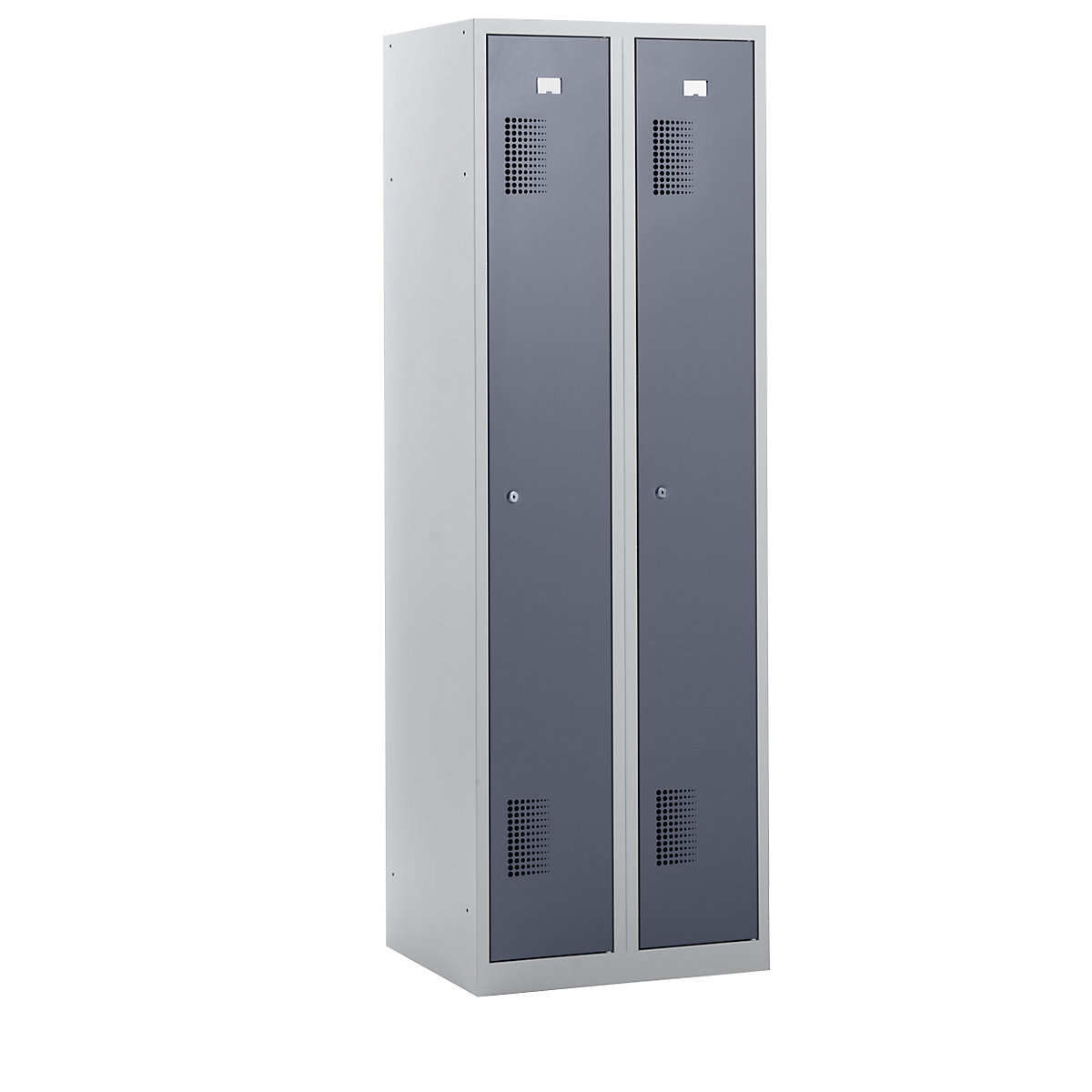 AMSTERDAM cloakroom locker – eurokraft basic, height 1800 mm, width 600 mm, 2 x 298 mm wide compartments, with cylinder lock, light grey body, basalt grey doors-11