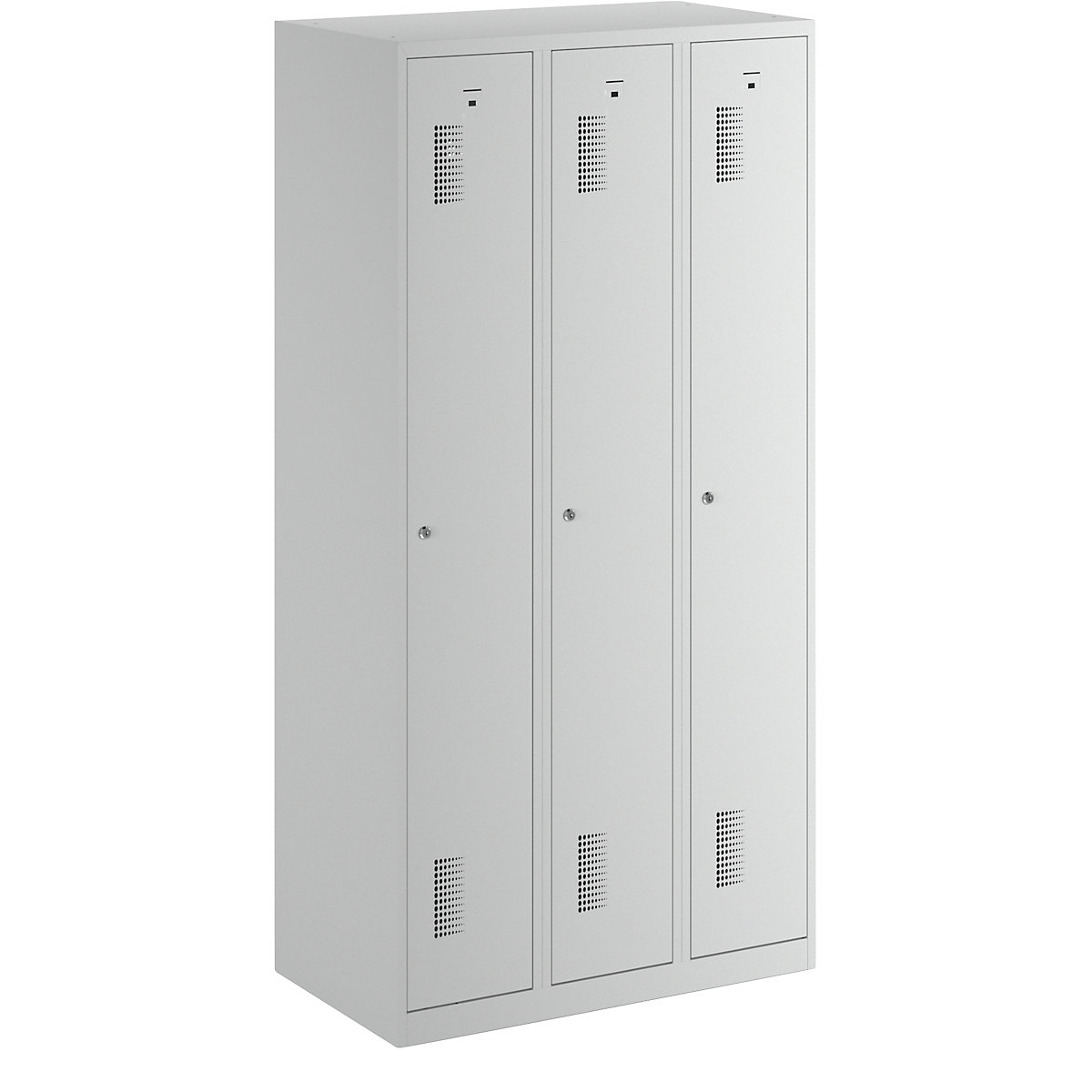 AMSTERDAM cloakroom locker – eurokraft basic, height 1800 mm, width 900 mm, 3 x 298 mm wide compartments, with cylinder lock, completely light grey-7