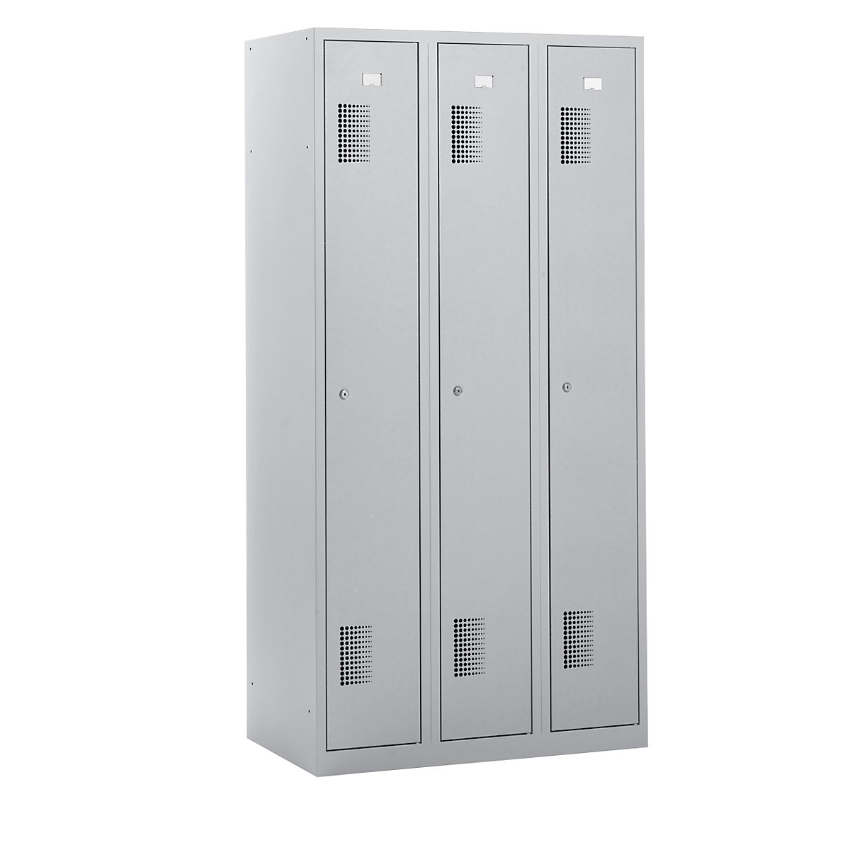 AMSTERDAM cloakroom locker – eurokraft basic, height 1800 mm, width 900 mm, 3 x 298 mm wide compartments, with cylinder lock, completely light grey-7