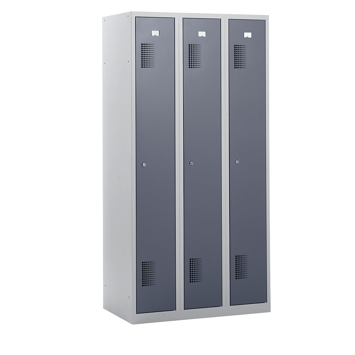 AMSTERDAM cloakroom locker – eurokraft basic, height 1800 mm, width 900 mm, 3 x 298 mm wide compartments, with cylinder lock, light grey body, basalt grey doors-14