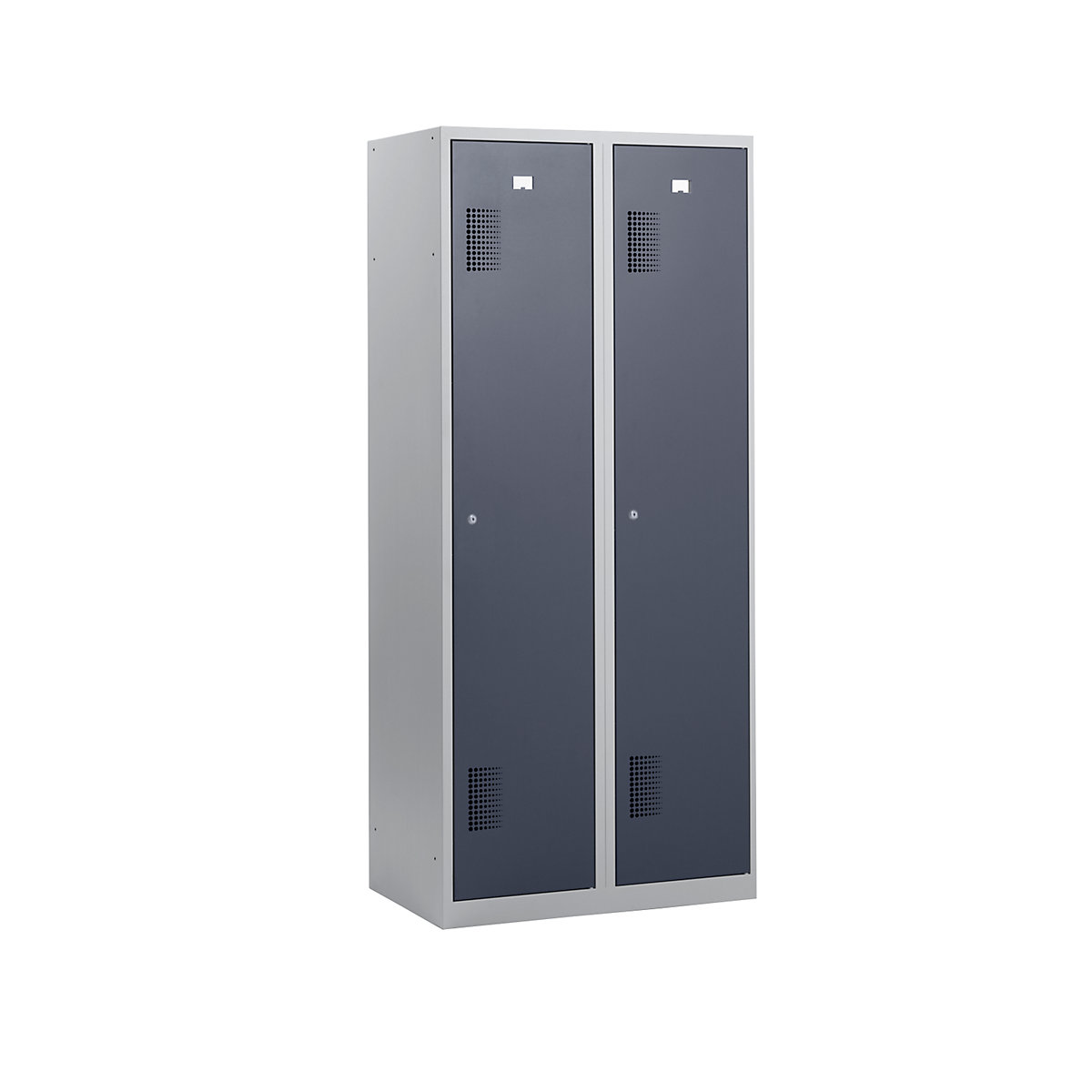 AMSTERDAM cloakroom locker – eurokraft basic, height 1800 mm, width 800 mm, 2 x 398 mm wide compartments, with cylinder lock, light grey body, basalt grey doors-9
