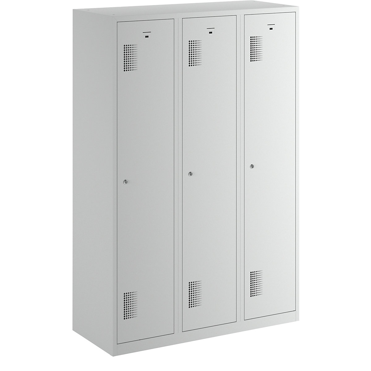 AMSTERDAM cloakroom locker – eurokraft basic, height 1800 mm, width 1200 mm, 3 x 398 mm wide compartments, with cylinder lock, completely light grey-10